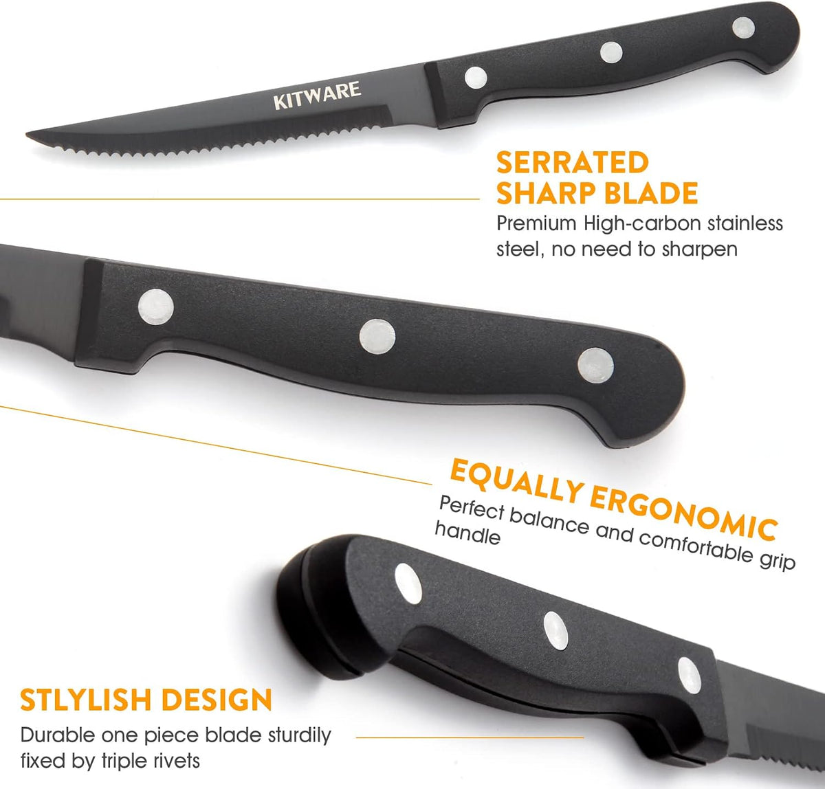 Gold Steak Knives Set of with Gift Box, 4.5 inch Stainless Steel Steak sets, Serrated Edge Metal Knife Sets for Dinner Table, Knife for Barbeque, Picnic, Camping, Hiking