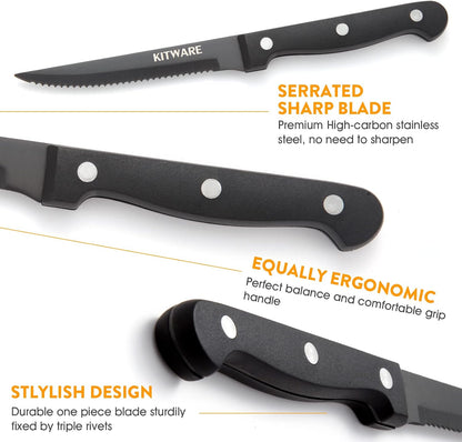 Gold Steak Knives Set of with Gift Box, 4.5 inch Stainless Steel Steak sets, Serrated Edge Metal Knife Sets for Dinner Table, Knife for Barbeque, Picnic, Camping, Hiking