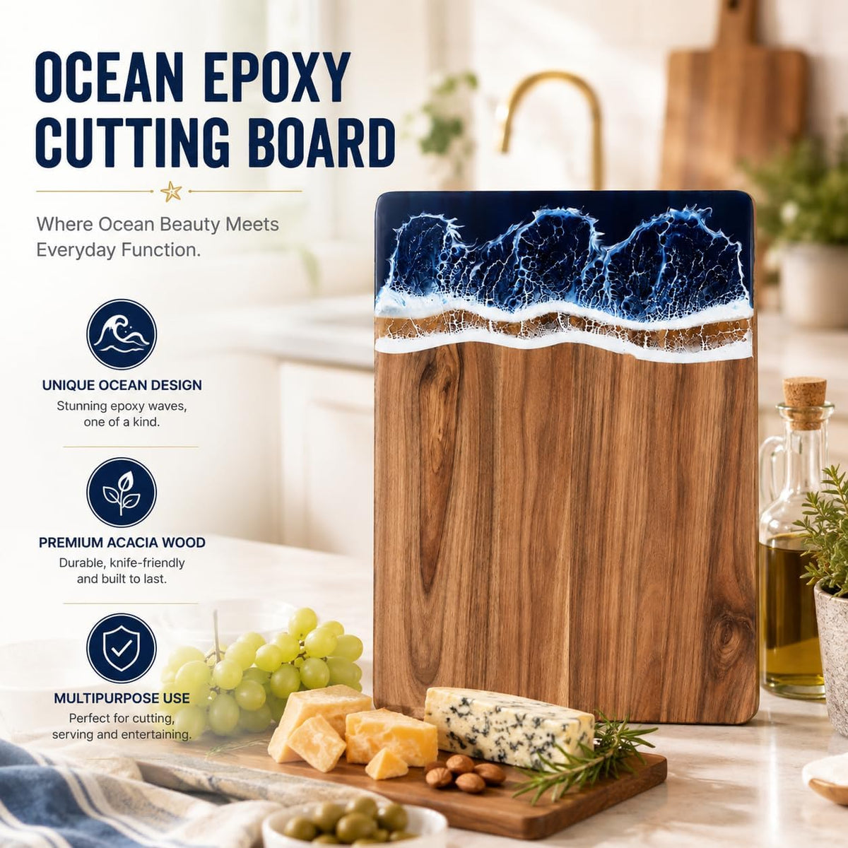 Ocean Charcuterie board: Resin Cutting Board, handmade board for Fruit Cheese and meat, Vegetable, Kitchen, Gift
