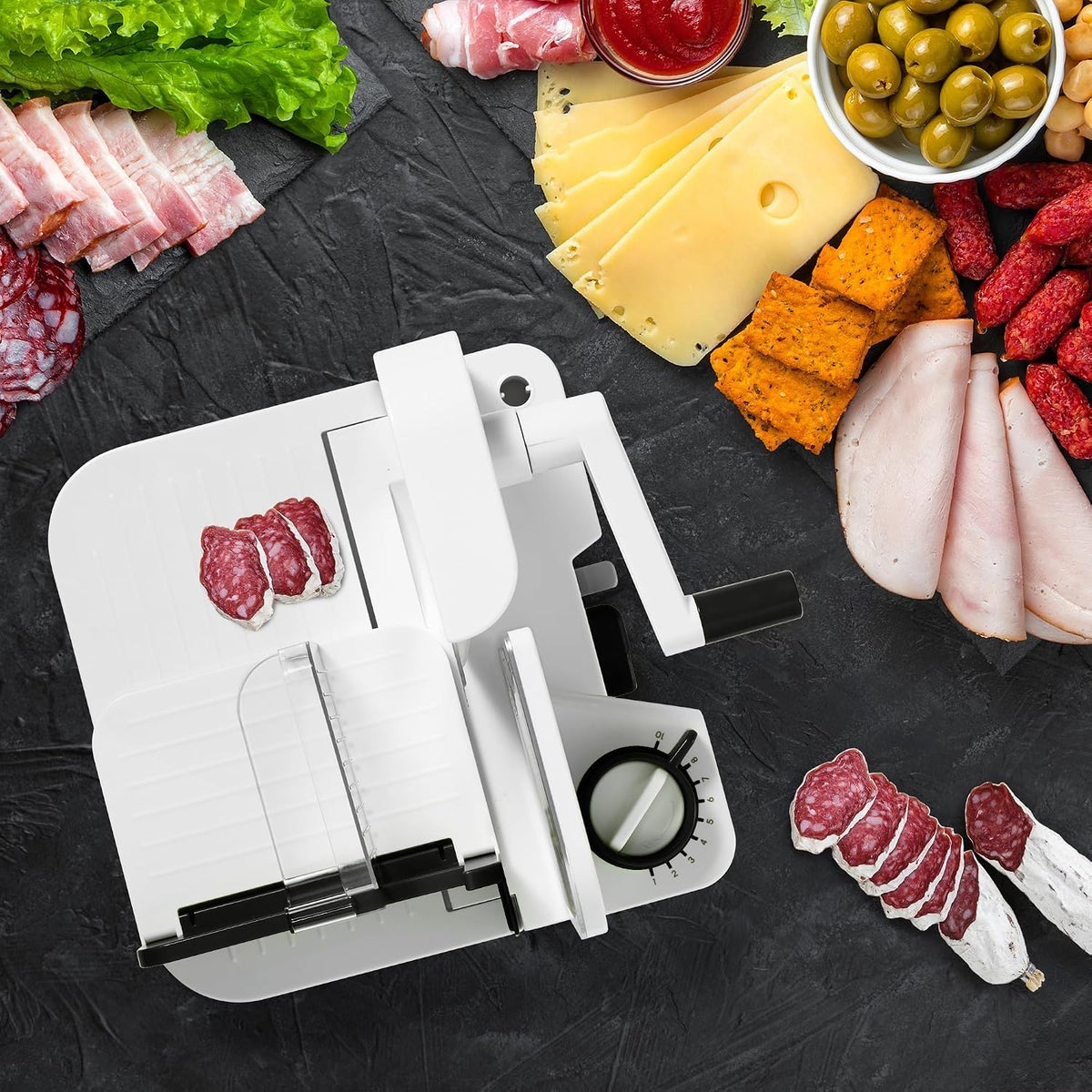 Deli Slicer, Slices Meat, Cheese, Bread, 6.5" Stainless Steel Blade, Adjustable Thickness Knob, Nestable for Easy Storage, 2-in-1 Fruit and Vegetable