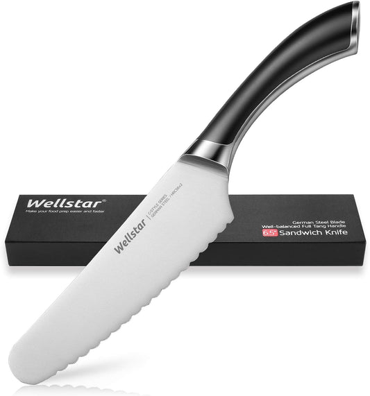 6.5 Inch German Stainless Steel Serrated Utility Knife - Bread, Vegetable & Meat Cutting - Butter Spreader - Razor Sharp Full Tang Handle Multipurpose Kitchen Knife