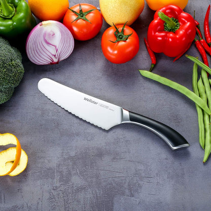6.5 Inch German Stainless Steel Serrated Utility Knife - Bread, Vegetable & Meat Cutting - Butter Spreader - Razor Sharp Full Tang Handle Multipurpose Kitchen Knife