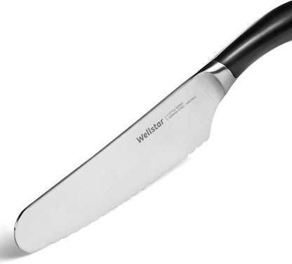 6.5 Inch German Stainless Steel Serrated Utility Knife - Bread, Vegetable & Meat Cutting - Butter Spreader - Razor Sharp Full Tang Handle Multipurpose Kitchen Knife
