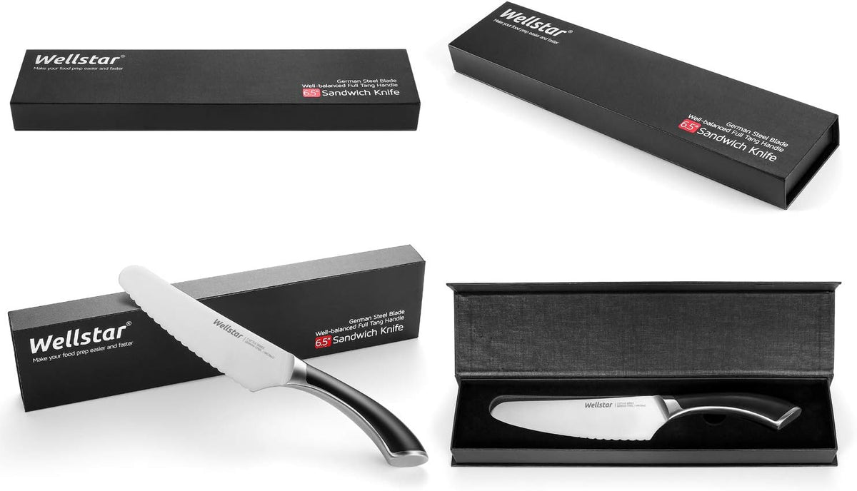 6.5 Inch German Stainless Steel Serrated Utility Knife - Bread, Vegetable & Meat Cutting - Butter Spreader - Razor Sharp Full Tang Handle Multipurpose Kitchen Knife