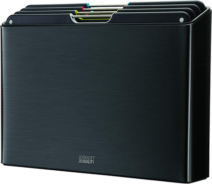 Folio 4-Piece Colour coded Cutting Board Set, Stainless Steel Slimline case for organized Kitchen storage, Black