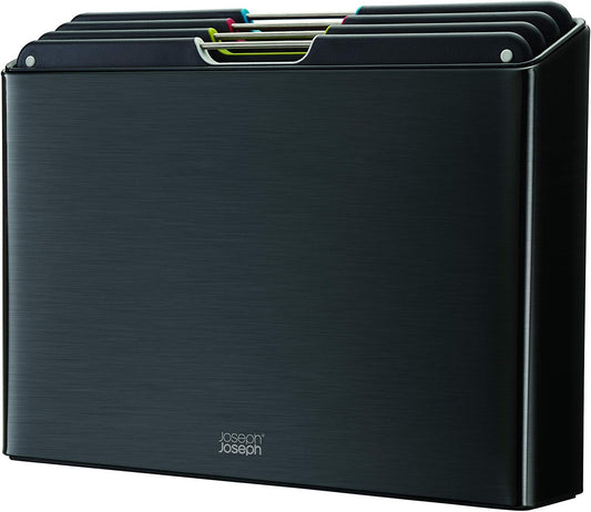 Folio 4-Piece Colour coded Cutting Board Set, Stainless Steel Slimline case for organized Kitchen storage, Black