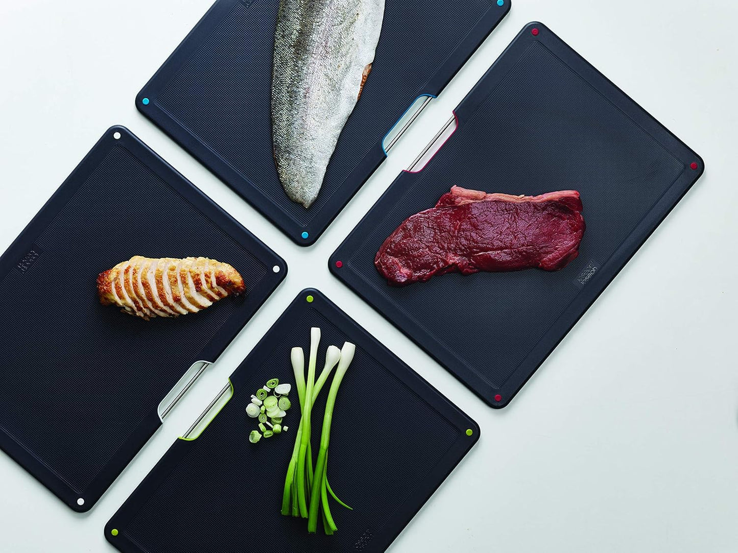 Folio 4-Piece Colour coded Cutting Board Set, Stainless Steel Slimline case for organized Kitchen storage, Black