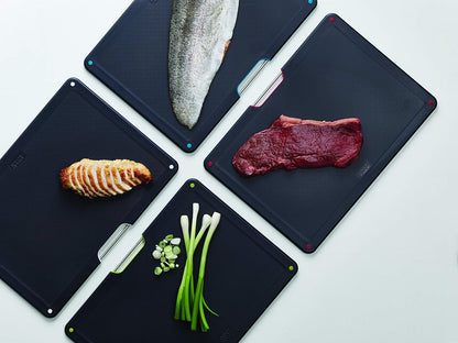 Folio 4-Piece Colour coded Cutting Board Set, Stainless Steel Slimline case for organized Kitchen storage, Black