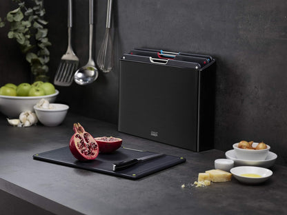 Folio 4-Piece Colour coded Cutting Board Set, Stainless Steel Slimline case for organized Kitchen storage, Black