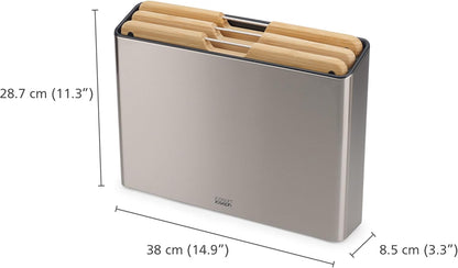 Folio 4-Piece Colour coded Cutting Board Set, Stainless Steel Slimline case for organized Kitchen storage, Black