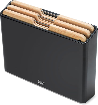 Folio 4-Piece Colour coded Cutting Board Set, Stainless Steel Slimline case for organized Kitchen storage, Black