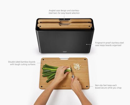 Folio 4-Piece Colour coded Cutting Board Set, Stainless Steel Slimline case for organized Kitchen storage, Black