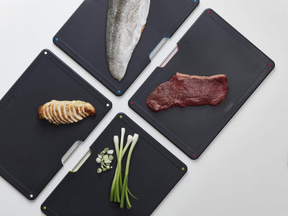 Folio 4-Piece Colour coded Cutting Board Set, Stainless Steel Slimline case for organized Kitchen storage, Black