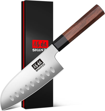 5 Inch Santoku Knife for Small Hands, Japanese High Carbon Steel Kitchen Knife, Multi-function Mini Size Sharp Chef Knives with Ergonomic Red Sandalwood Handle, Sashimi Knives