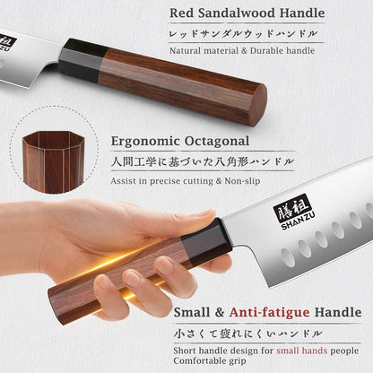 5 Inch Santoku Knife for Small Hands, Japanese High Carbon Steel Kitchen Knife, Multi-function Mini Size Sharp Chef Knives with Ergonomic Red Sandalwood Handle, Sashimi Knives