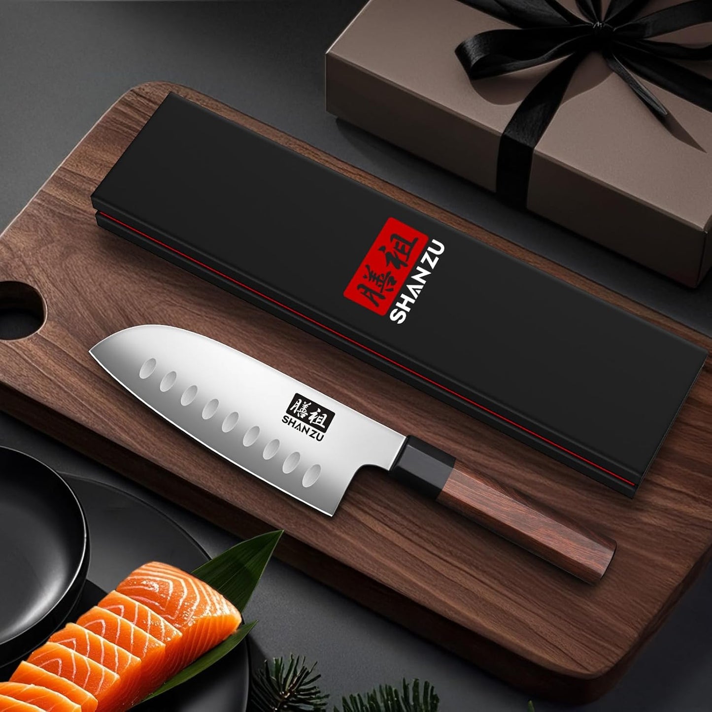5 Inch Santoku Knife for Small Hands, Japanese High Carbon Steel Kitchen Knife, Multi-function Mini Size Sharp Chef Knives with Ergonomic Red Sandalwood Handle, Sashimi Knives