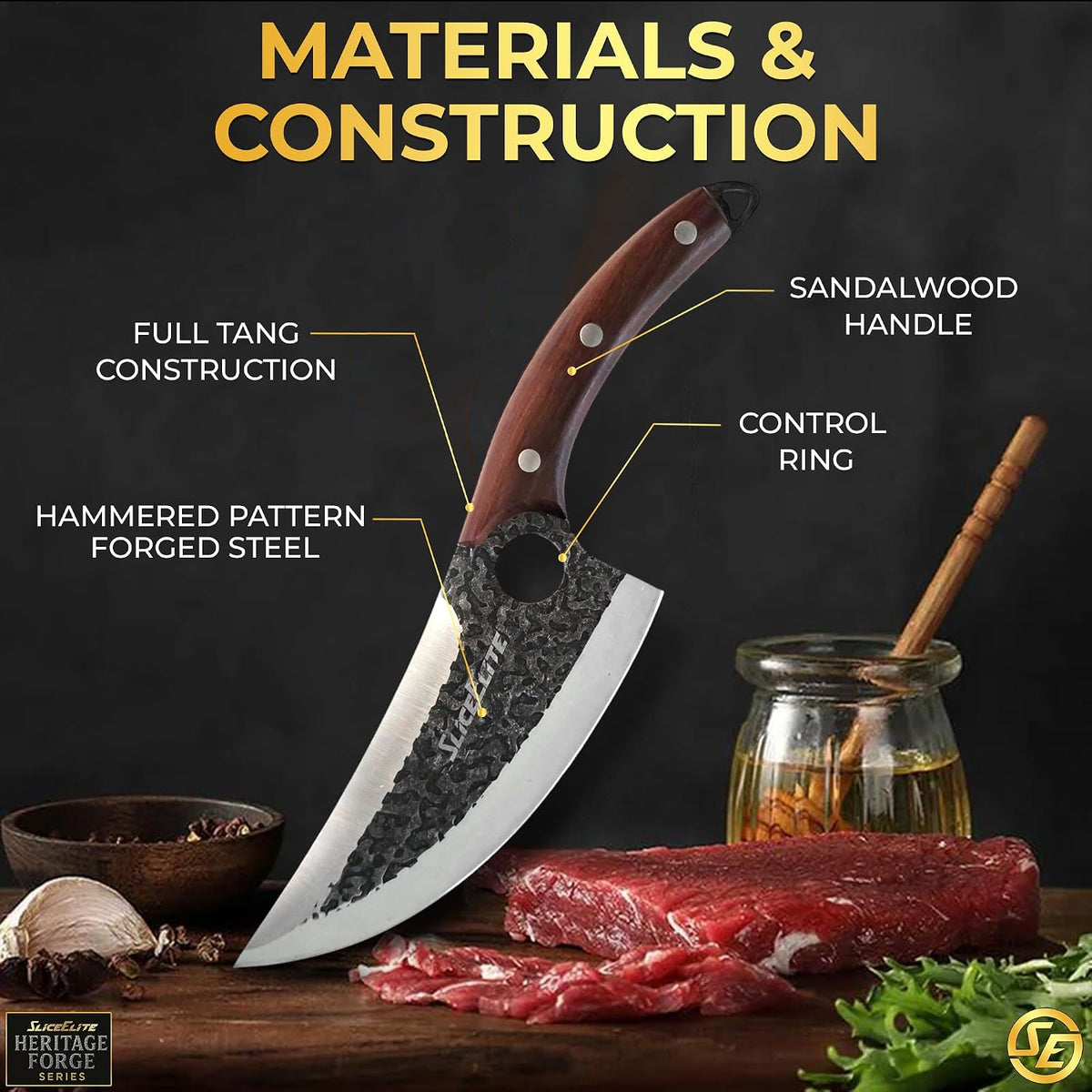 Hand-Forged Professional Butcher Knife (BUTCHER KNIFE SET W/SANDLEWOOD HANDLES)
