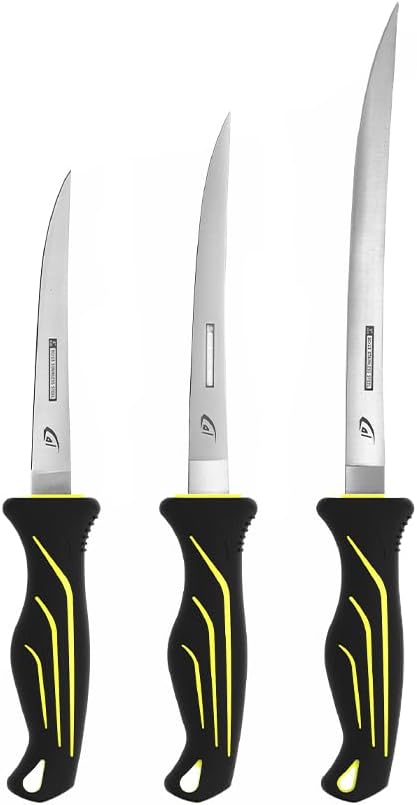 Gambler danco 4PC Fishing Fillet Knife Kit, 6", 7", 9" with Roll Bag, Fish Fillet and Deboning Knives, Freshwater and Saltwater Fishing, Non-Slip Handle, Durable Roll Bag, Stainless Steel Blades