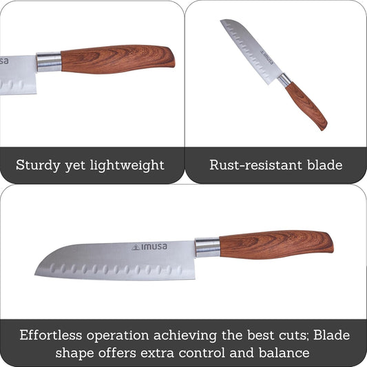 IMUSA 6 Inch Chef Stainless Steel Santoku Knife with Woodlook Handle | Mirror-Polished Finish, Ergonomic Soft-Touch Grip, Ideal for Cutting, Great for Everyday Kitchen Use