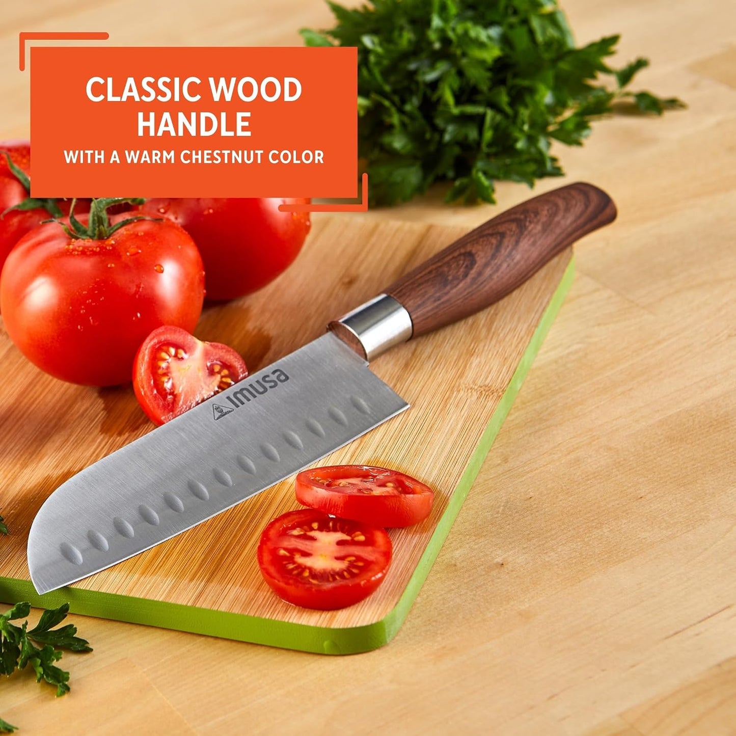 IMUSA 6 Inch Chef Stainless Steel Santoku Knife with Woodlook Handle | Mirror-Polished Finish, Ergonomic Soft-Touch Grip, Ideal for Cutting, Great for Everyday Kitchen Use