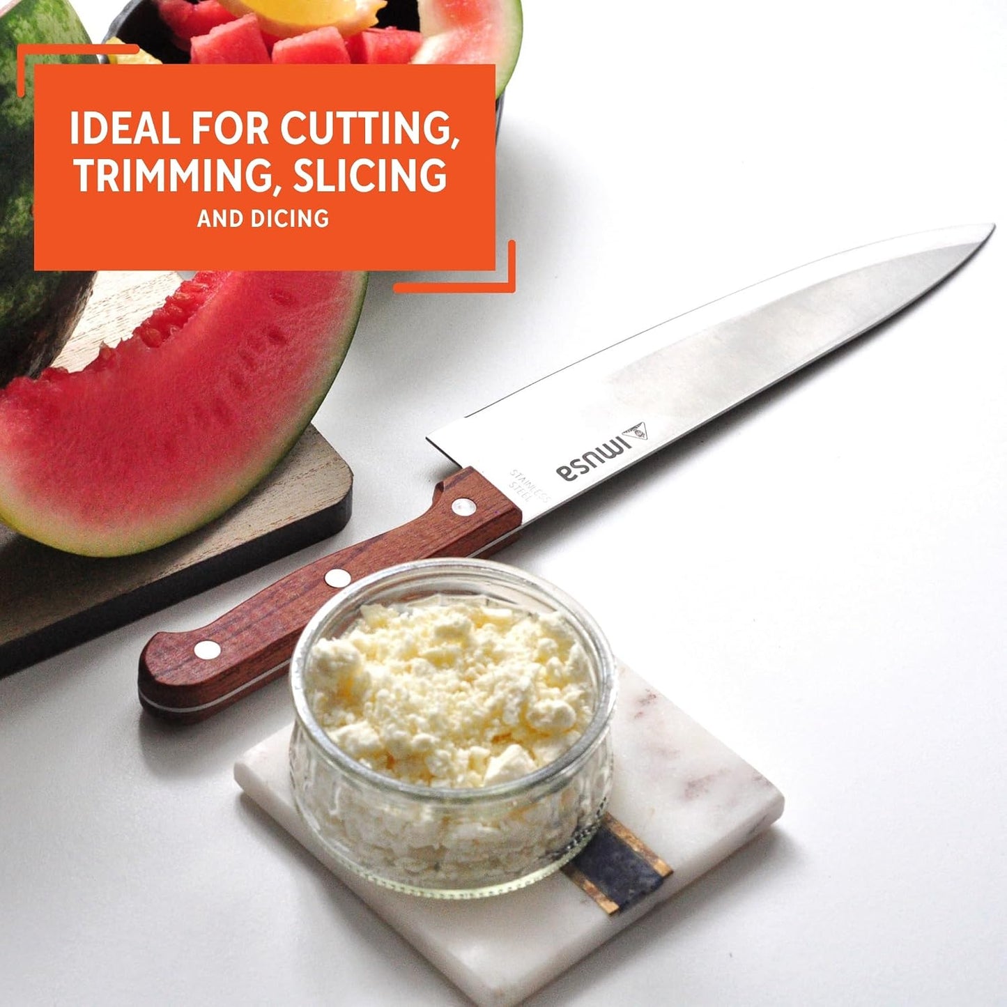 IMUSA 6 Inch Chef Stainless Steel Santoku Knife with Woodlook Handle | Mirror-Polished Finish, Ergonomic Soft-Touch Grip, Ideal for Cutting, Great for Everyday Kitchen Use