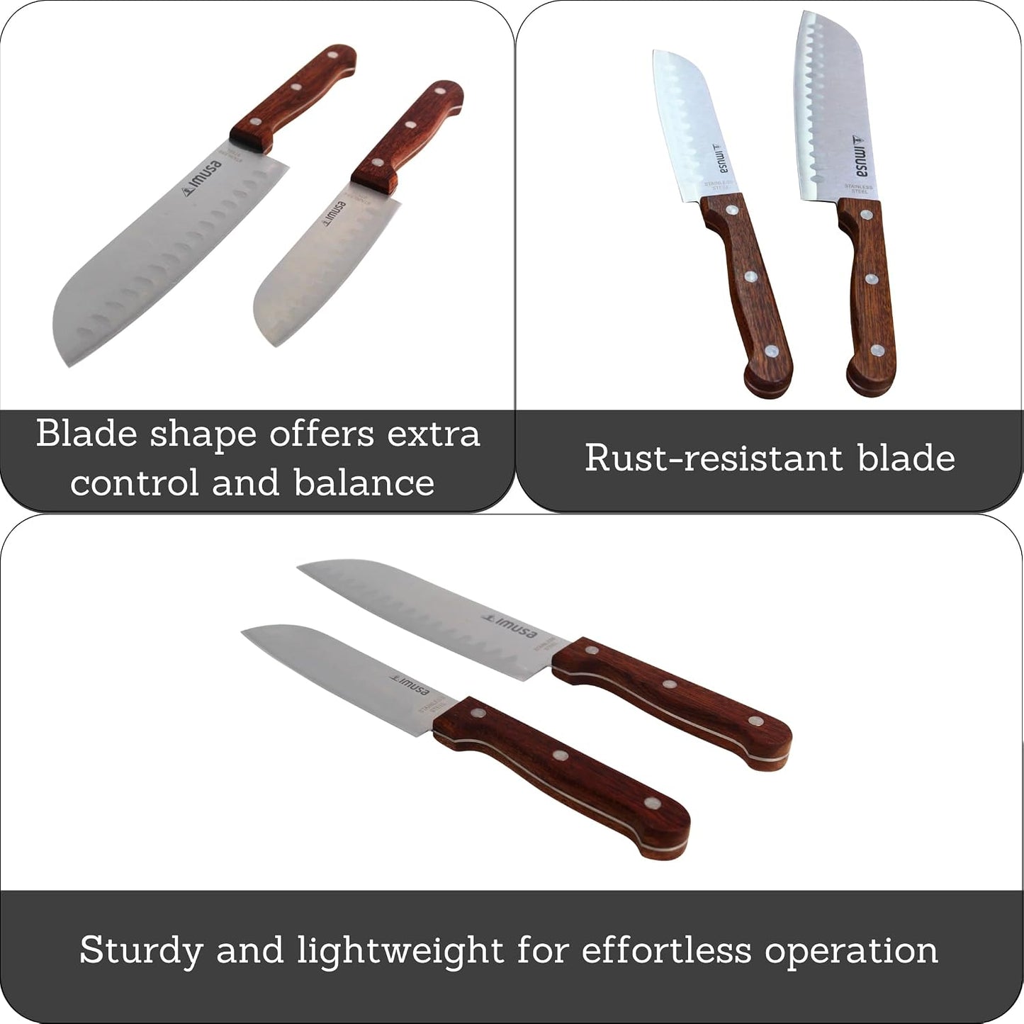 IMUSA 6 Inch Chef Stainless Steel Santoku Knife with Woodlook Handle | Mirror-Polished Finish, Ergonomic Soft-Touch Grip, Ideal for Cutting, Great for Everyday Kitchen Use