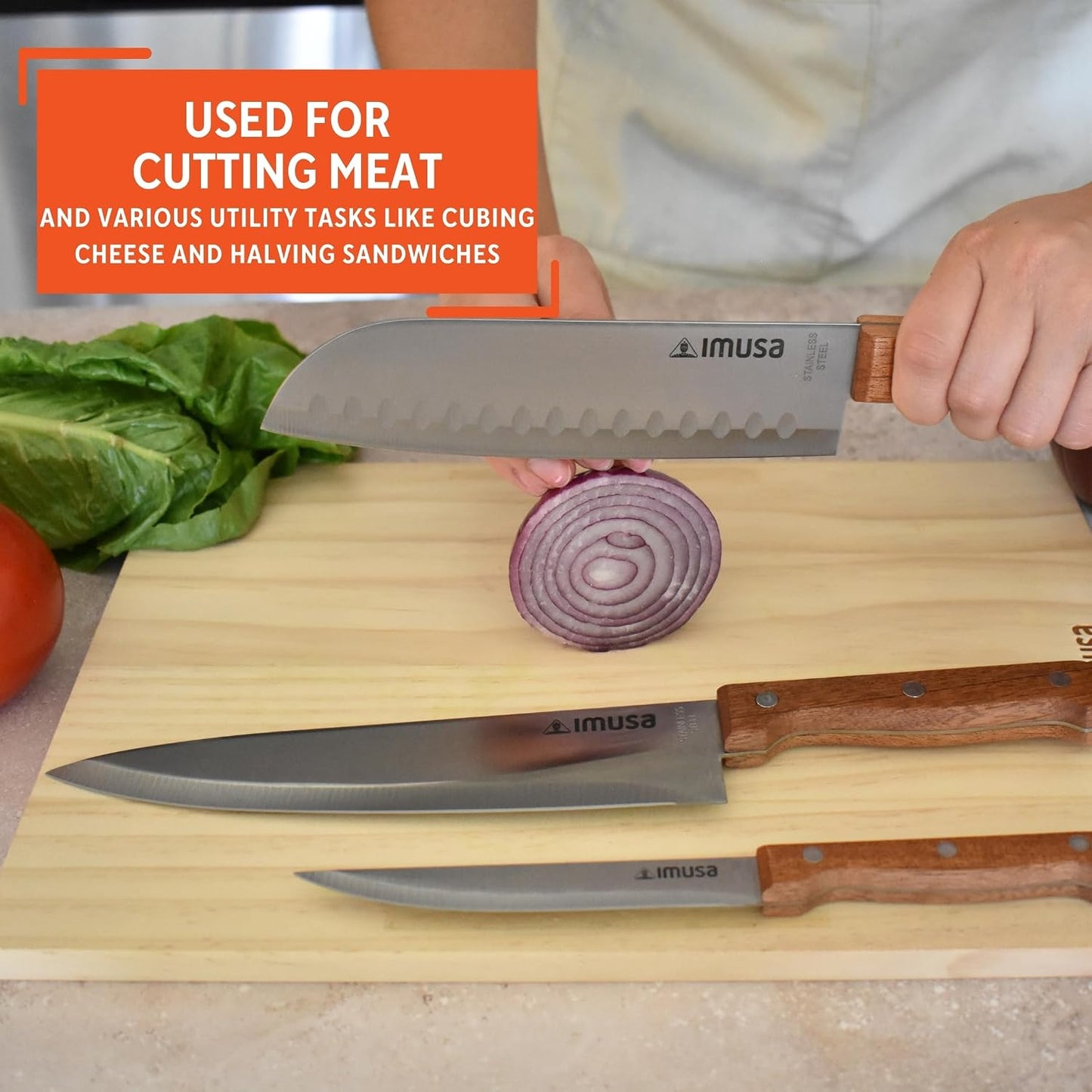 IMUSA 6 Inch Chef Stainless Steel Santoku Knife with Woodlook Handle | Mirror-Polished Finish, Ergonomic Soft-Touch Grip, Ideal for Cutting, Great for Everyday Kitchen Use