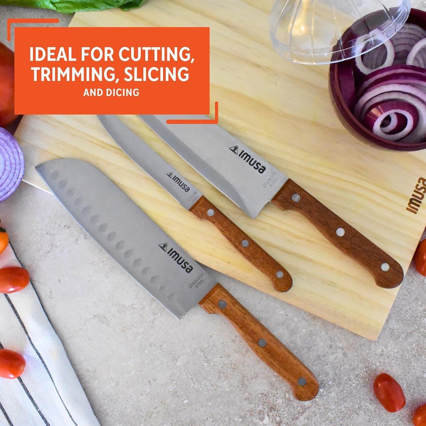 IMUSA 6 Inch Chef Stainless Steel Santoku Knife with Woodlook Handle | Mirror-Polished Finish, Ergonomic Soft-Touch Grip, Ideal for Cutting, Great for Everyday Kitchen Use