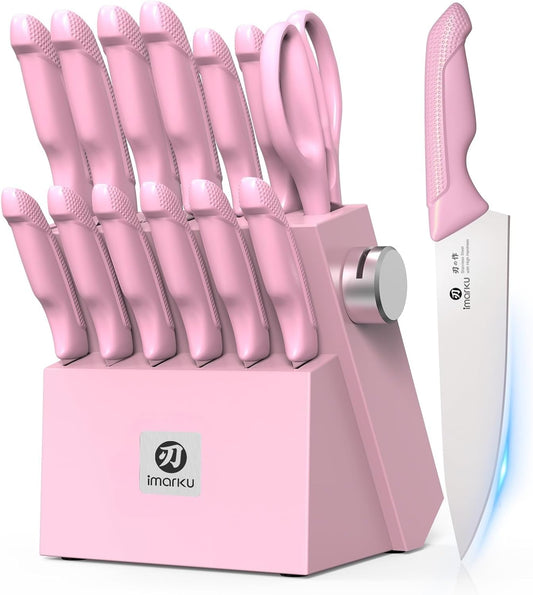 14PCS Knife Set with Block, Built-In Sharpener, Stainless Steel,Pink | Kitchen Knife Set With Block, Ergonomic Non-Slip Handles, Durable Steel Blades And Balanced Design For Comfortable Prep