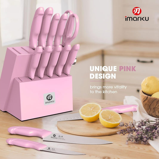 14PCS Knife Set with Block, Built-In Sharpener, Stainless Steel,Pink | Kitchen Knife Set With Block, Ergonomic Non-Slip Handles, Durable Steel Blades And Balanced Design For Comfortable Prep