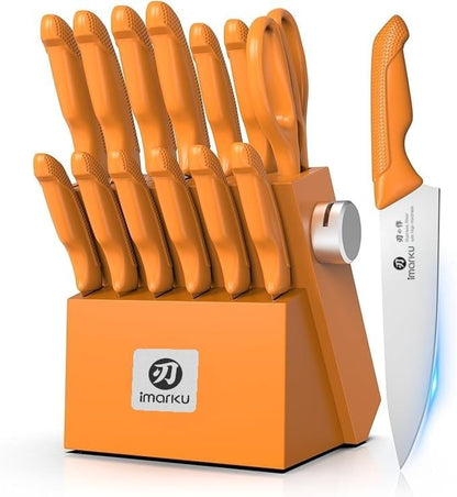 Knife Set with Block, Built-In Sharpener, Stainless Steel,Pink | Kitchen Knife Set With Block, Ergonomic Non-Slip Handles, Durable Steel Blades And Balanced Design For Comfortable Prep