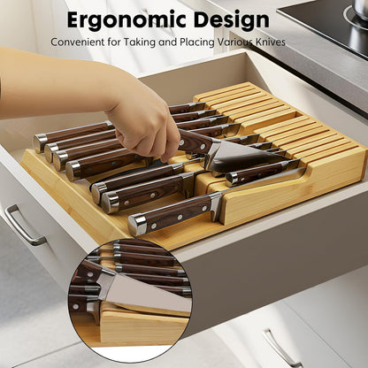 Bamboo Kitchen Drawer Knife Holder, In-drawer Knife Block, Knife Drawer Organizer fit for 16 knives and 1 steel sharpening
