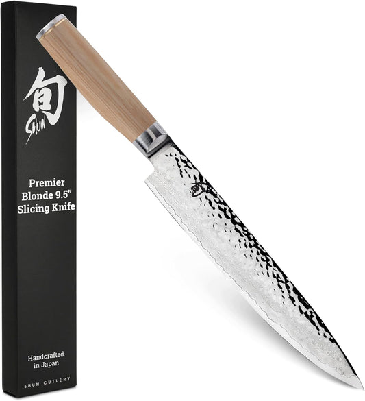 Premier Blonde 9.5" Slicing Knife | Handcrafted Japanese Meat Slicing Knife, VG-MAX Core, Damascus Stainless Steel Cladding, Pakkawood Handle