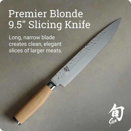 Premier Blonde 9.5" Slicing Knife | Handcrafted Japanese Meat Slicing Knife, VG-MAX Core, Damascus Stainless Steel Cladding, Pakkawood Handle