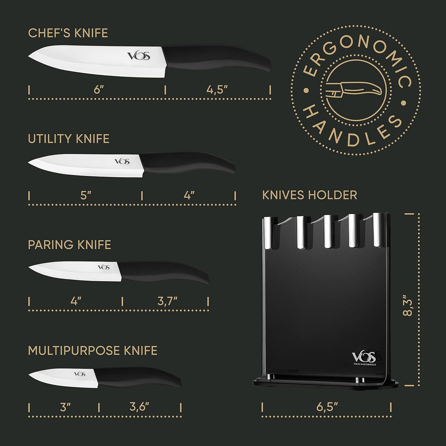 Ceramic Knife Set in Elegant Gift Box, Ceramic Knives Set For Kitchen, Ultra Sharp Kitchen Knife Set with Covers, 4" 5" 6" Paring, Santoku & Chef Knife, Lightweight, Dishwasher safe (Black Handle)