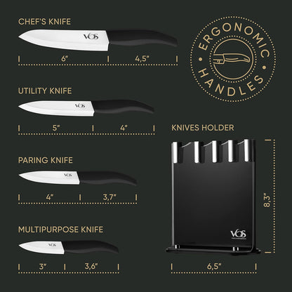 Ceramic Knife Set in Elegant Gift Box, Ceramic Knives Set For Kitchen, Ultra Sharp Kitchen Knife Set with Covers, 4" 5" 6" Paring, Santoku & Chef Knife, Lightweight, Dishwasher safe (Black Handle)