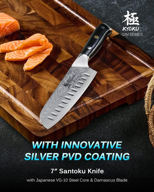 Gin Series 7" Santoku Knife, Japanese Chef Knife VG10 Damascus Stainless Steel Kitchen Knife with Silver Ion Blade G10 Handle Mosaic Pin