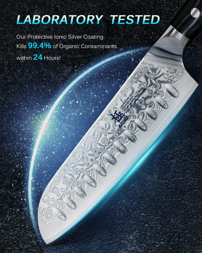 Gin Series 7" Santoku Knife, Japanese Chef Knife VG10 Damascus Stainless Steel Kitchen Knife with Silver Ion Blade G10 Handle Mosaic Pin