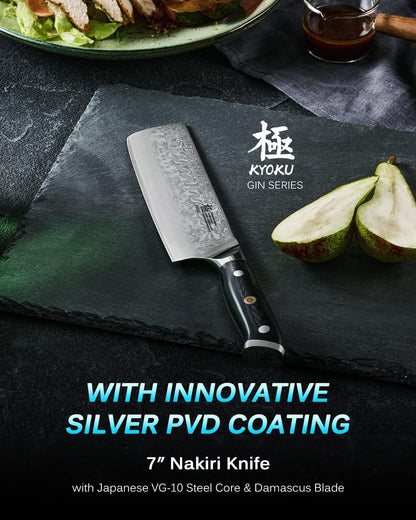 Gin Series 7" Santoku Knife, Japanese Chef Knife VG10 Damascus Stainless Steel Kitchen Knife with Silver Ion Blade G10 Handle Mosaic Pin