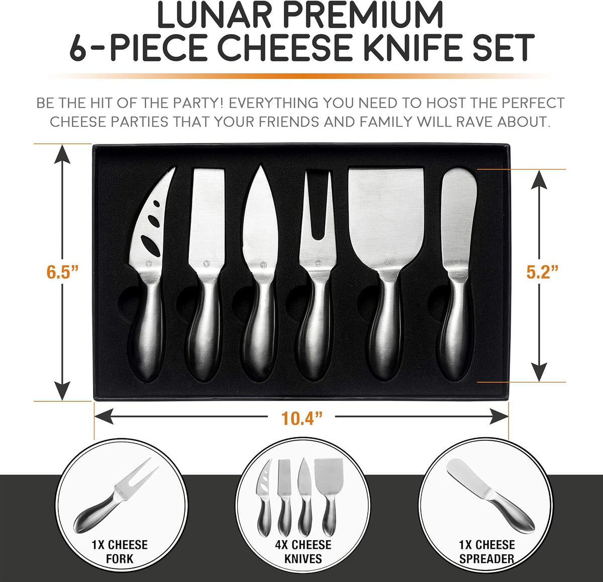 Lunar 6-Piece Premium Stainless Steel Cheese Knife Set