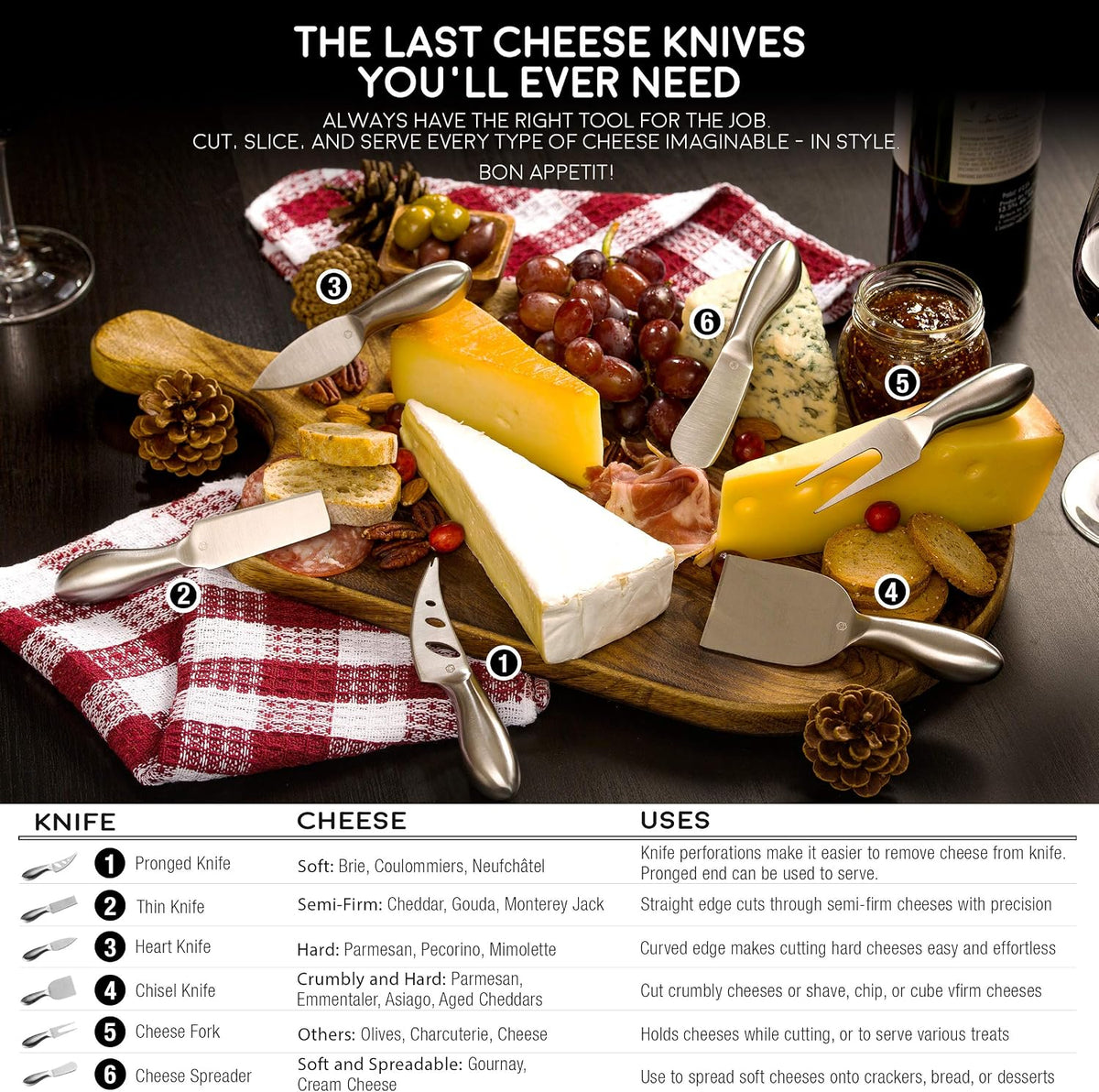 Lunar 6-Piece Premium Stainless Steel Cheese Knife Set