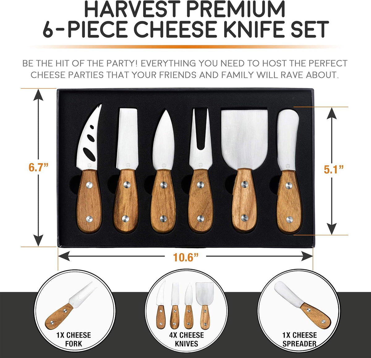 Lunar 6-Piece Premium Stainless Steel Cheese Knife Set