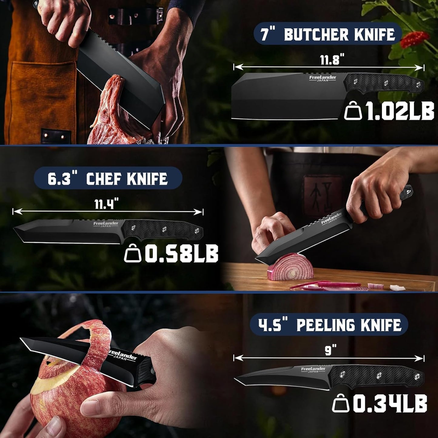 Butcher Knife Set 3 PCS, Japanese Chef Knife Set with Roll Bag, Full Tang Meat Cleaver for Kitchen & Camping & BBQ, Gift for Men