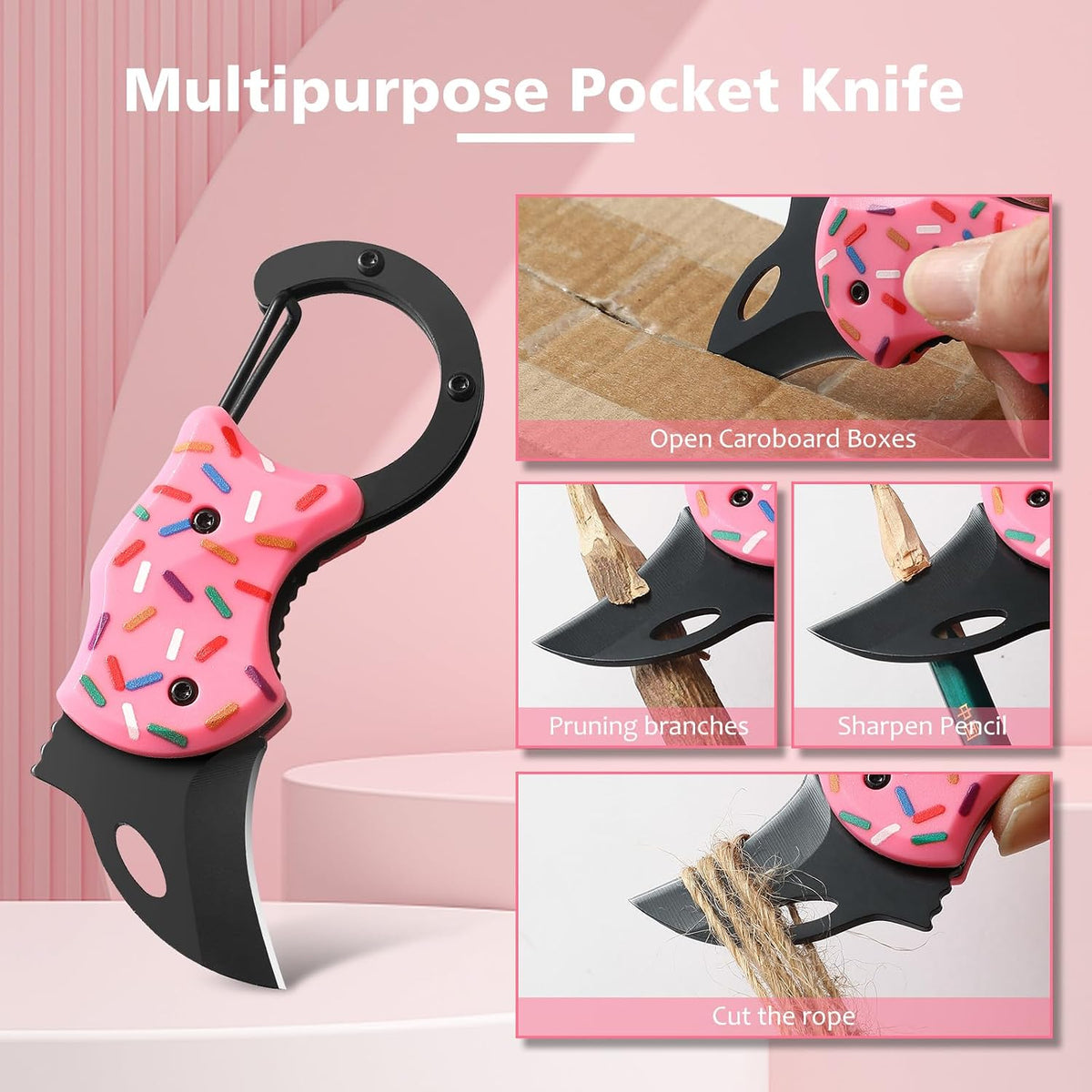 Donut Folding Pocket Utility Knife,1.34''Blade Small EDC Knife,Pink Pocket Knife for Women Men,Cute Folding Knife Box Cutter，Perfect Christmas Gift for Women（Donut）