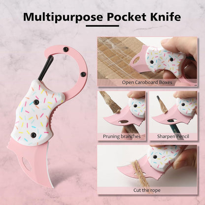Donut Folding Pocket Utility Knife,1.34''Blade Small EDC Knife,Pink Pocket Knife for Women Men,Cute Folding Knife Box Cutter，Perfect Christmas Gift for Women（Donut）