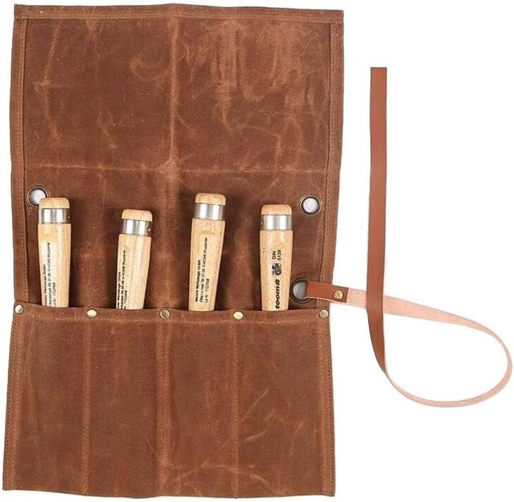 Chisel Roll,Waxed Canvas Tools Wrench Roll Up Pouch with 4 Pockets for Knife Hammers,Gouges, Carving Knife,Fishing Jigs,Best Gift for Electrician,Carpenter or Mechanic,Chisel Carrying Case Organizer