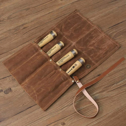 Chisel Roll,Waxed Canvas Tools Wrench Roll Up Pouch with 4 Pockets for Knife Hammers,Gouges, Carving Knife,Fishing Jigs,Best Gift for Electrician,Carpenter or Mechanic,Chisel Carrying Case Organizer