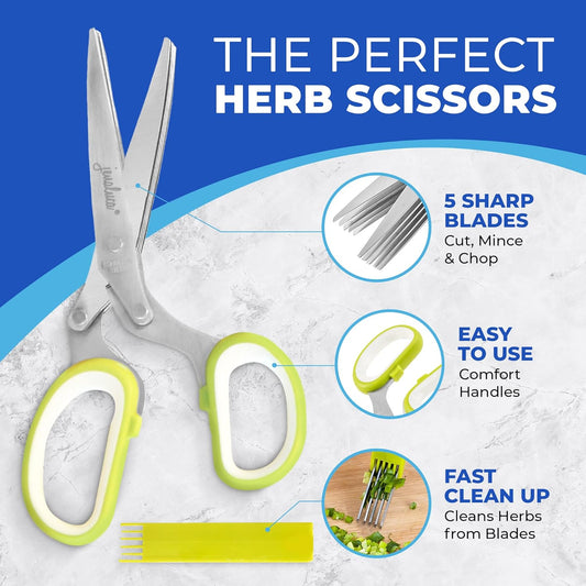 5-Blade Herb Scissors, Stainless Steel Kitchen Shears, Green | Cut & chop fresh herbs & leafy greens efficiently. Perfect salad scissors. Includes cleaning comb & safety cover.