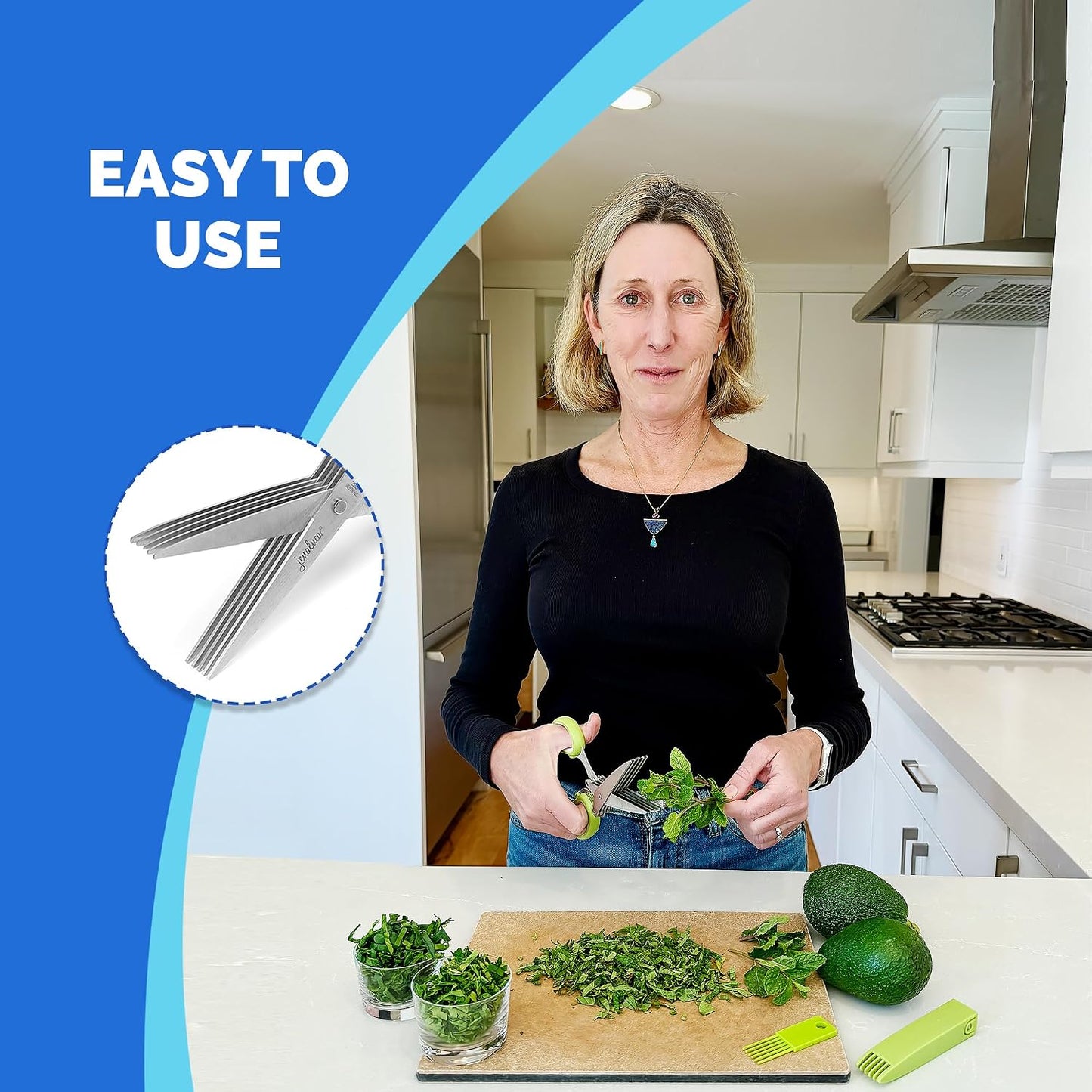 5-Blade Herb Scissors, Stainless Steel Kitchen Shears, Green | Cut & chop fresh herbs & leafy greens efficiently. Perfect salad scissors. Includes cleaning comb & safety cover.
