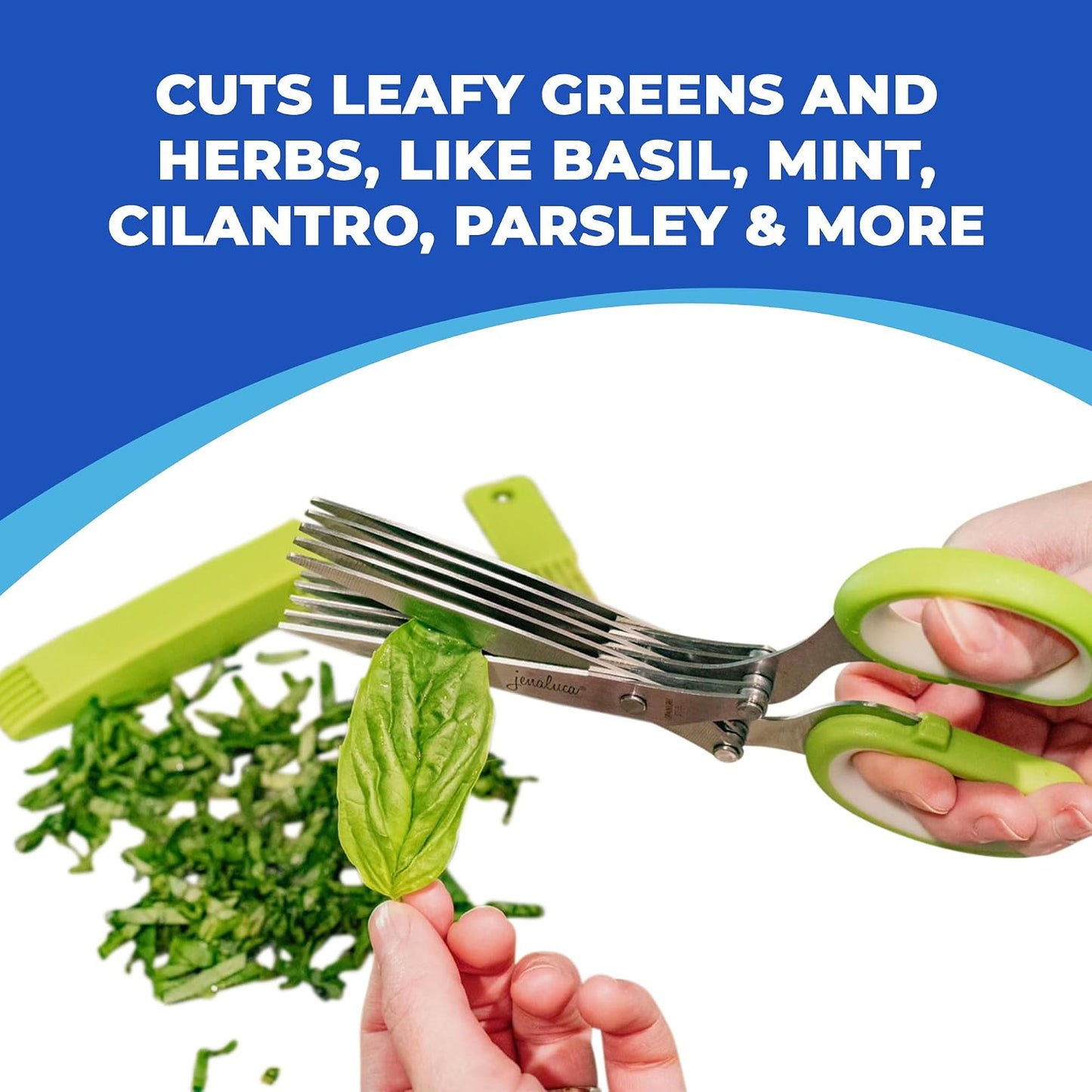 5-Blade Herb Scissors, Stainless Steel Kitchen Shears, Green | Cut & chop fresh herbs & leafy greens efficiently. Perfect salad scissors. Includes cleaning comb & safety cover.